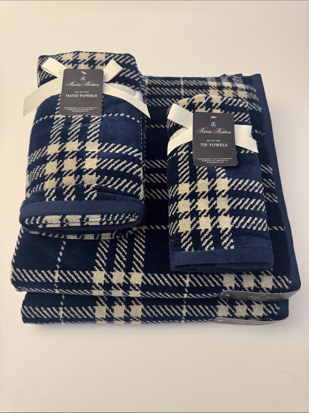 6pc BROOKS BROTHERS 100% Cotton Velour Plaid Bath Towel Set -  Blue/Off White